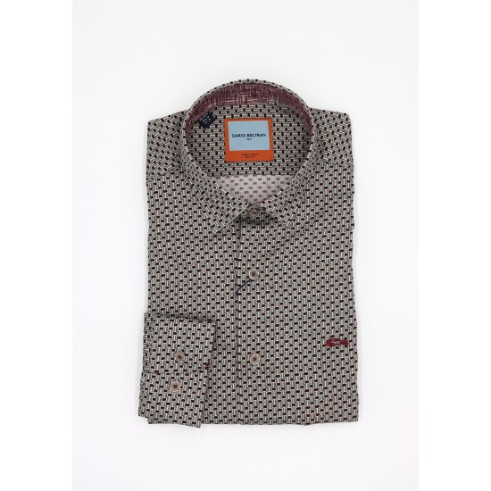 Dario Beltran Grey Brote Shirt with Burgundy Pattern – Slim Fit