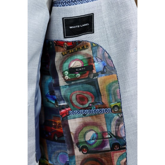 White Label Slim Fit LTBlue check Oscar 3pcs suit