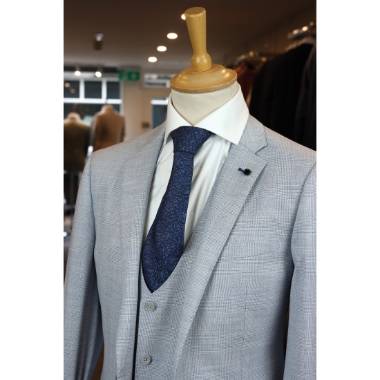 White Label Slim Fit LTBlue check Oscar 3pcs suit